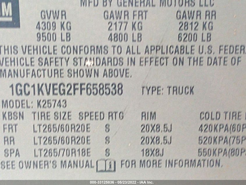 2015 CHEVROLET SILVERADO 2500HD LT 1GC1KVEG2FF658538