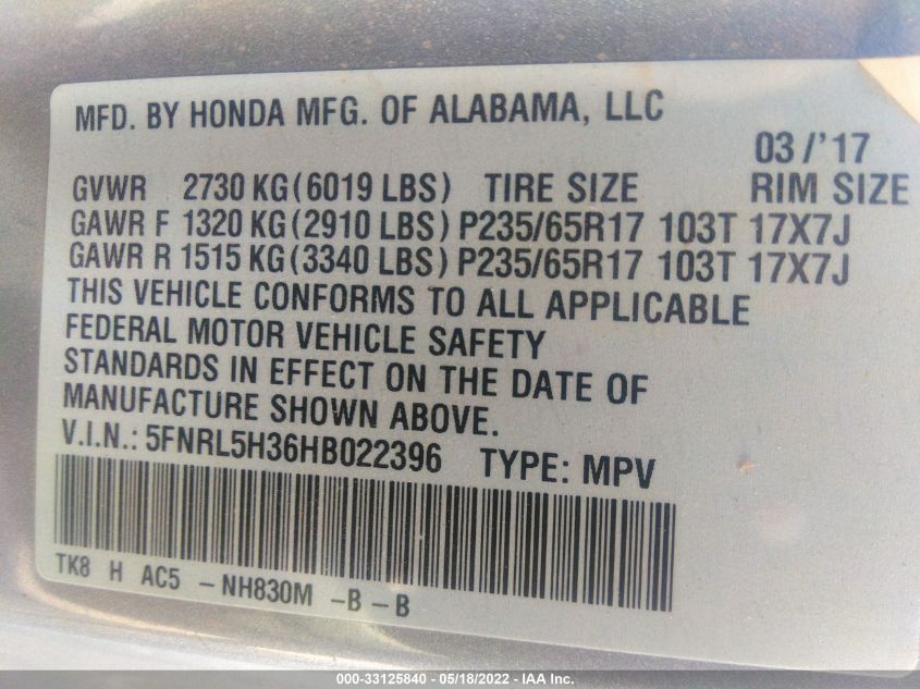 2017 HONDA ODYSSEY SE 5FNRL5H36HB022396