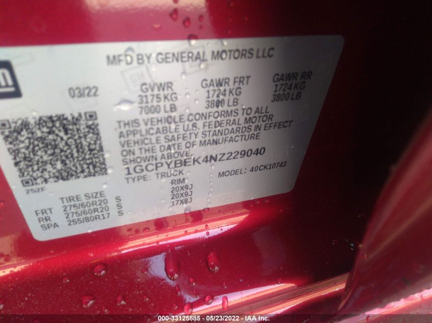 2022 CHEVROLET SILVERADO 1500 LTD CUSTOM 1GCPYBEK4NZ229040