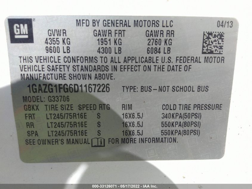 2013 CHEVROLET EXPRESS PASSENGER LT 1GAZG1FG6D1167226