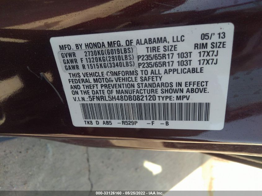 2013 HONDA ODYSSEY EX 5FNRL5H48DB082120