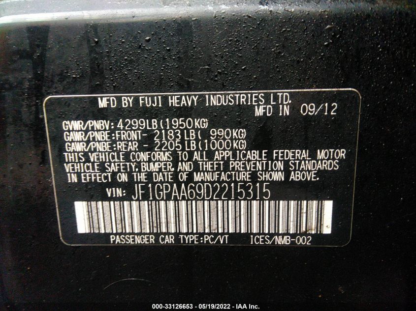 2013 SUBARU IMPREZA WAGON 2.0I JF1GPAA69D2215315