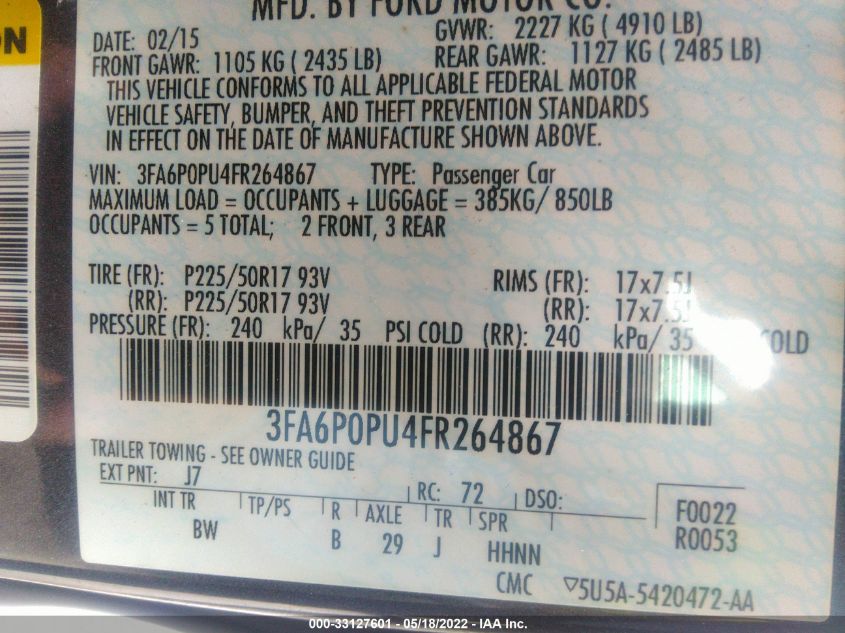 2015 FORD FUSION ENERGI SE LUXURY 3FA6P0PU4FR264867