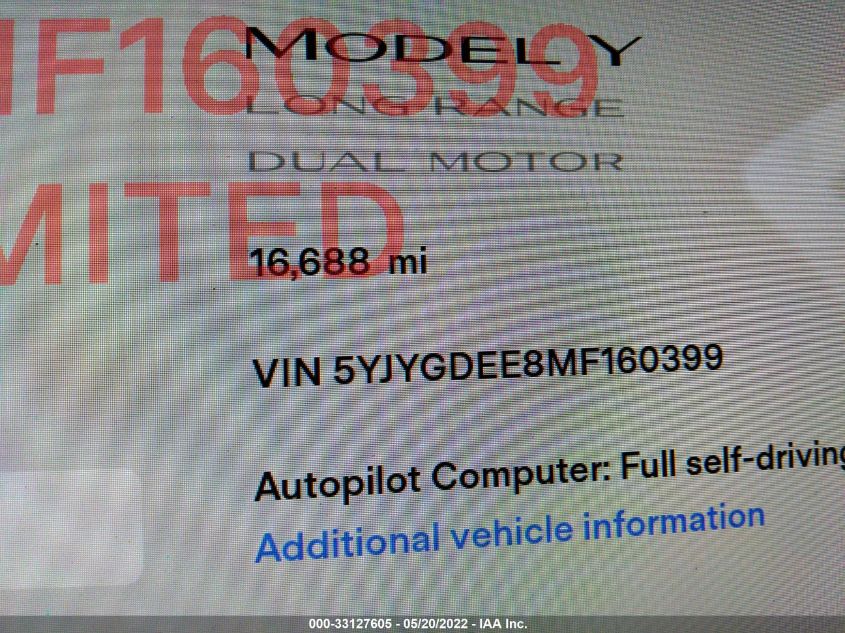 2021 TESLA MODEL Y LONG RANGE 5YJYGDEE8MF160399