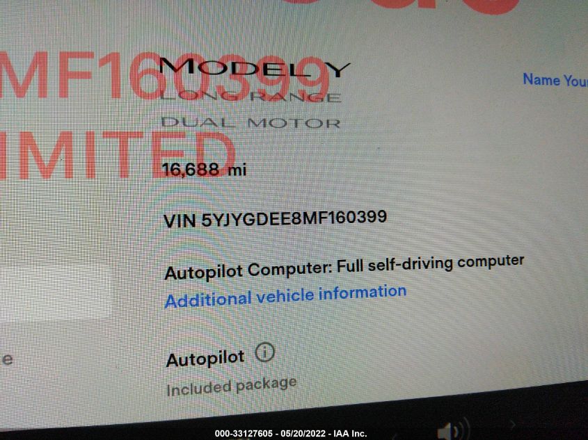2021 TESLA MODEL Y LONG RANGE 5YJYGDEE8MF160399