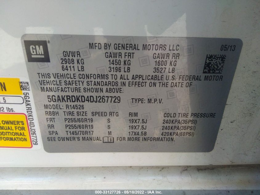 2013 BUICK ENCLAVE PREMIUM 5GAKRDKD4DJ267729