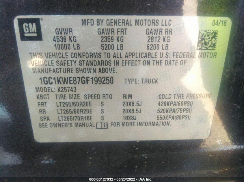 2016 CHEVROLET SILVERADO 2500HD LTZ 1GC1KWE87GF199250