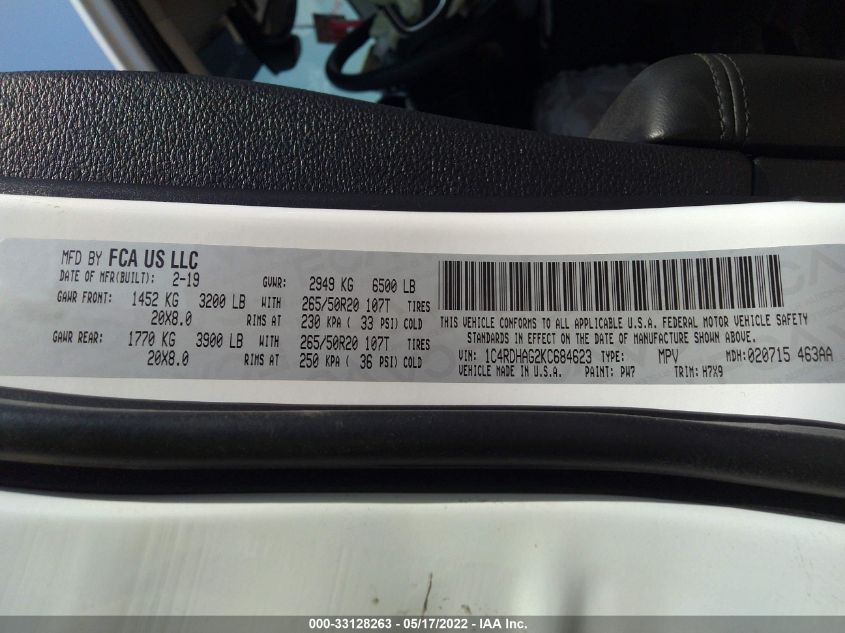 2019 DODGE DURANGO SXT PLUS 1C4RDHAG2KC684623