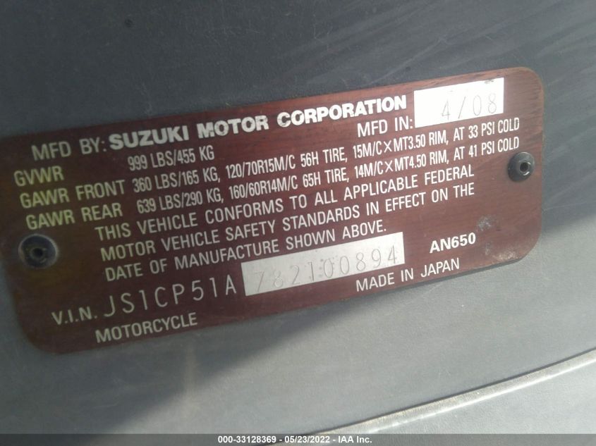2008 SUZUKI AN650 JS1CP51A782100894