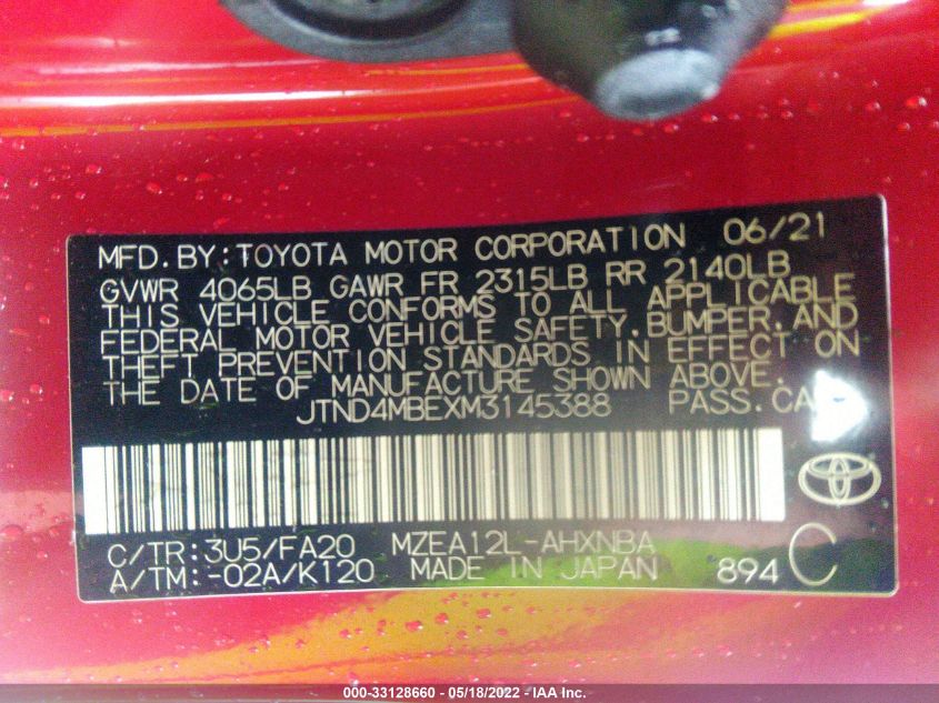 2021 TOYOTA COROLLA HATCHBACK SE/XSE/NIGHTSHADE JTND4MBEXM3145388