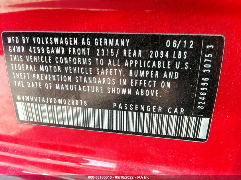 2013 VOLKSWAGEN GTI WVWHV7AJXDW028878