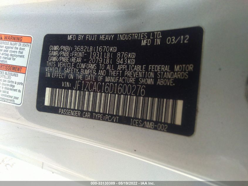 2013 SUBARU BRZ LIMITED JF1ZCAC16D1600276