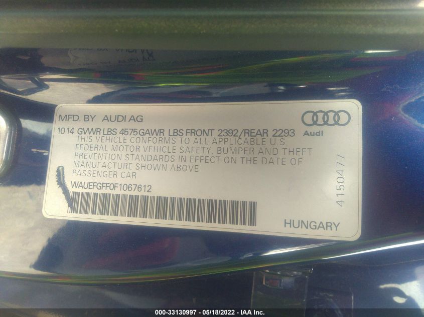 2015 AUDI A3 2.0T PREMIUM PLUS WAUEFGFF0F1067612