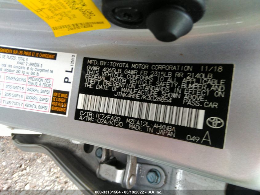 2019 TOYOTA COROLLA HATCHBACK SE/XSE JTNK4RBE7K3028854