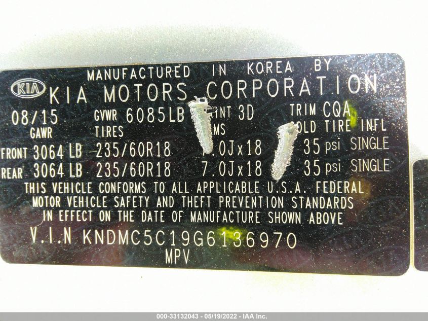 2016 KIA SEDONA EX KNDMC5C19G6136970