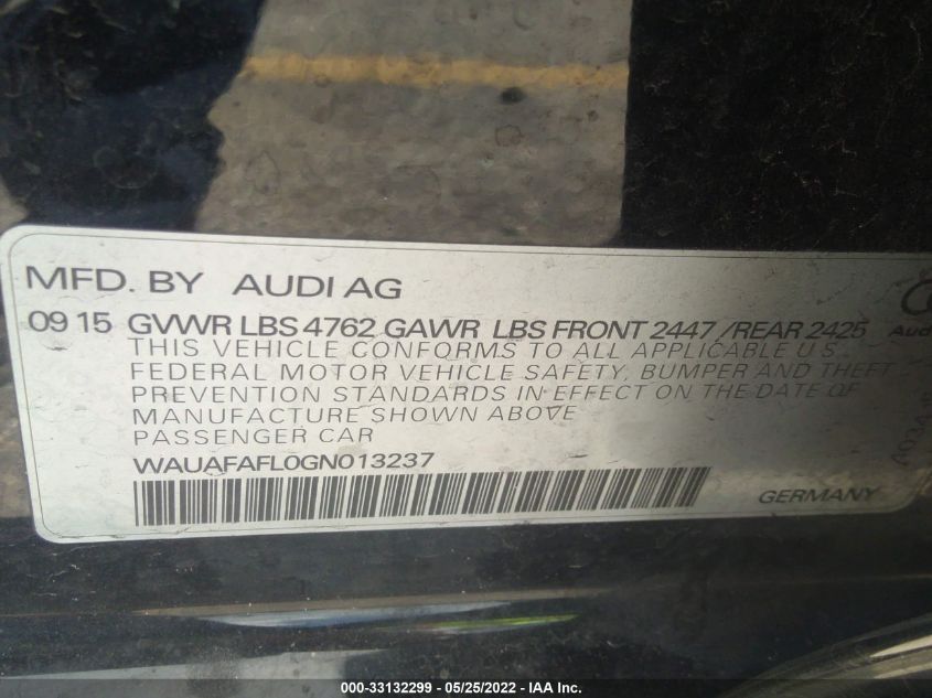 2016 AUDI A4 PREMIUM WAUAFAFL0GN013237