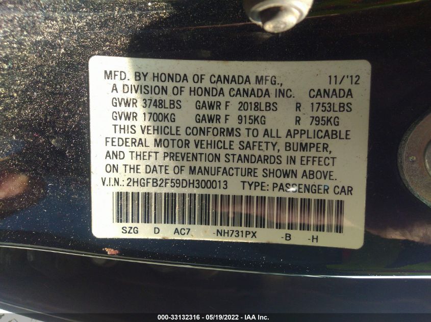 2013 HONDA CIVIC SDN LX 2HGFB2F59DH300013