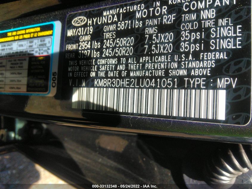 2020 HYUNDAI PALISADE SEL KM8R3DHE2LU041051