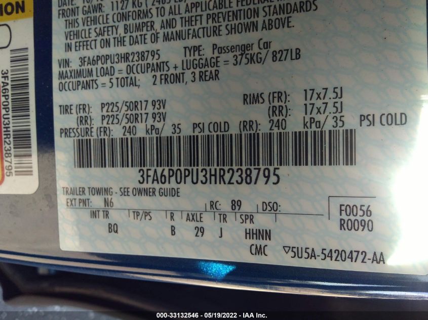 2017 FORD FUSION ENERGI SE 3FA6P0PU3HR238795