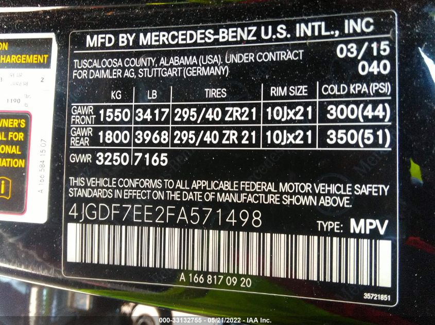 2015 MERCEDES-BENZ GL-CLASS GL 63 AMG 4JGDF7EE2FA571498