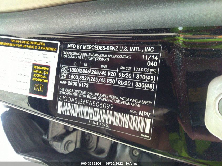 2015 MERCEDES-BENZ M-CLASS ML 350 4JGDA5JB6FA506099