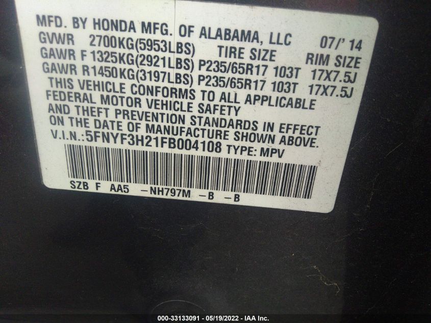 2015 HONDA PILOT LX 5FNYF3H21FB004108