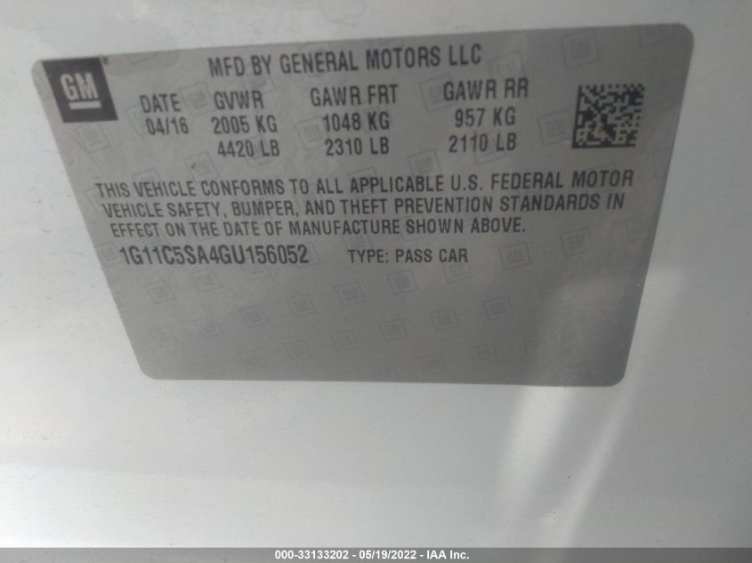 2016 CHEVROLET MALIBU LIMITED LT 1G11C5SA4GU156052