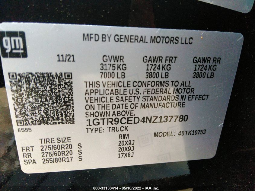 2022 GMC SIERRA 1500 LIMITED ELEVATION 1GTR9CED4NZ137780