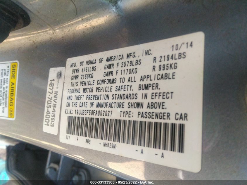 2015 ACURA TLX V6 TECH 19UUB3F50FA002027