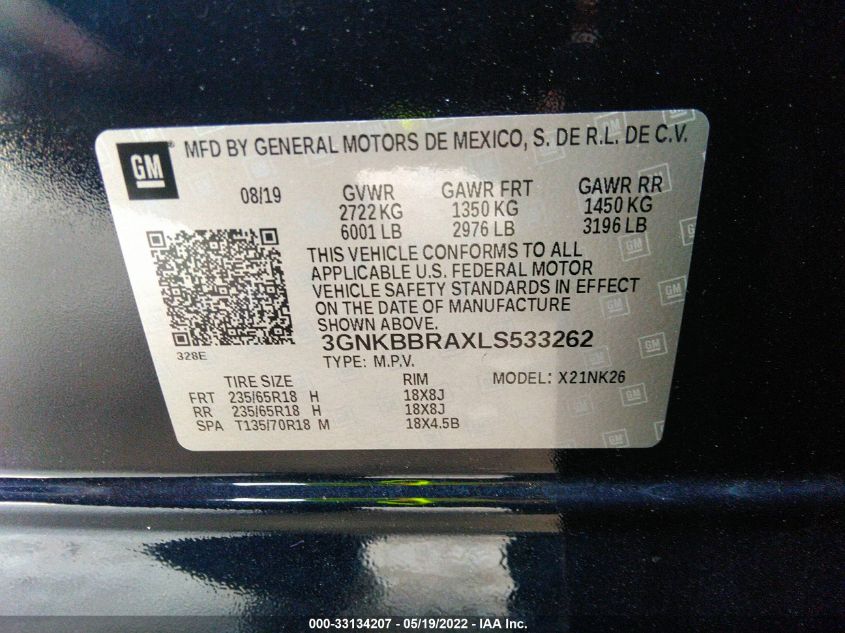 2020 CHEVROLET BLAZER LT 3GNKBBRAXLS533262