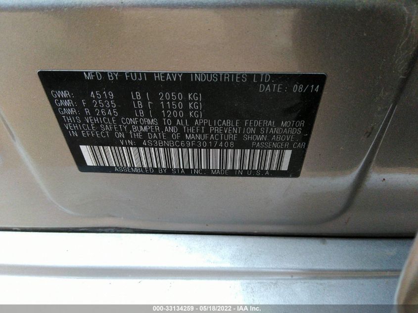 2015 SUBARU LEGACY 2.5I PREMIUM 4S3BNBC69F3017408