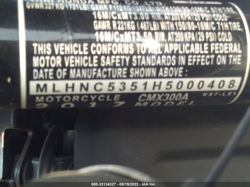 2017 HONDA CMX300 A MLHNC5351H5000408
