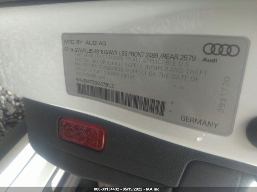 2019 AUDI A5 SPORTBACK PREMIUM PLUS WAUENCF52KA073022