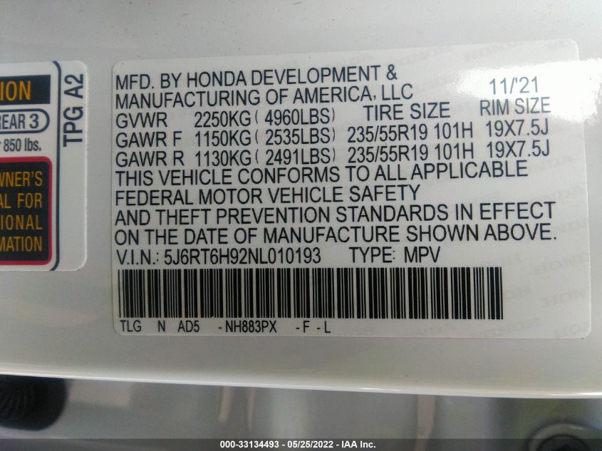 2022 HONDA CR-V HYBRID TOURING 5J6RT6H92NL010193