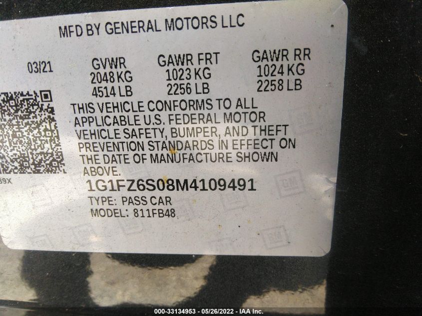 2021 CHEVROLET BOLT EV PREMIER 1G1FZ6S08M4109491