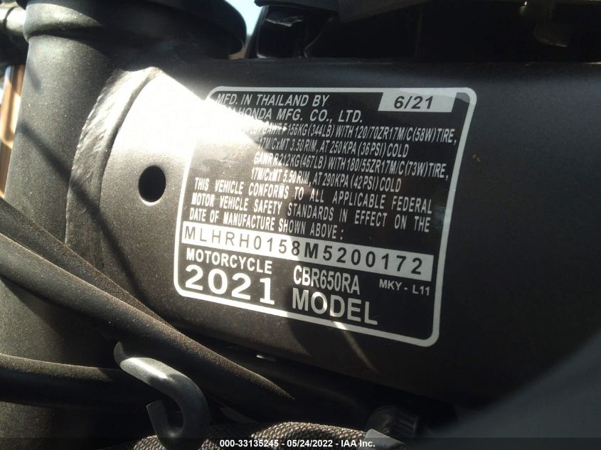 2021 HONDA CBR650 RA - MLHRH0158M5200172