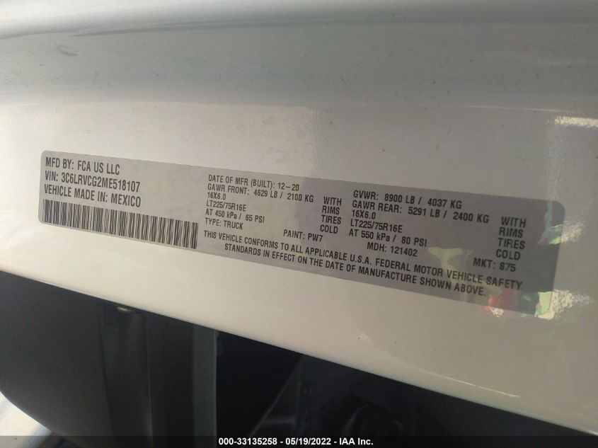 2021 RAM PROMASTER CARGO VAN 3C6LRVCG2ME518107