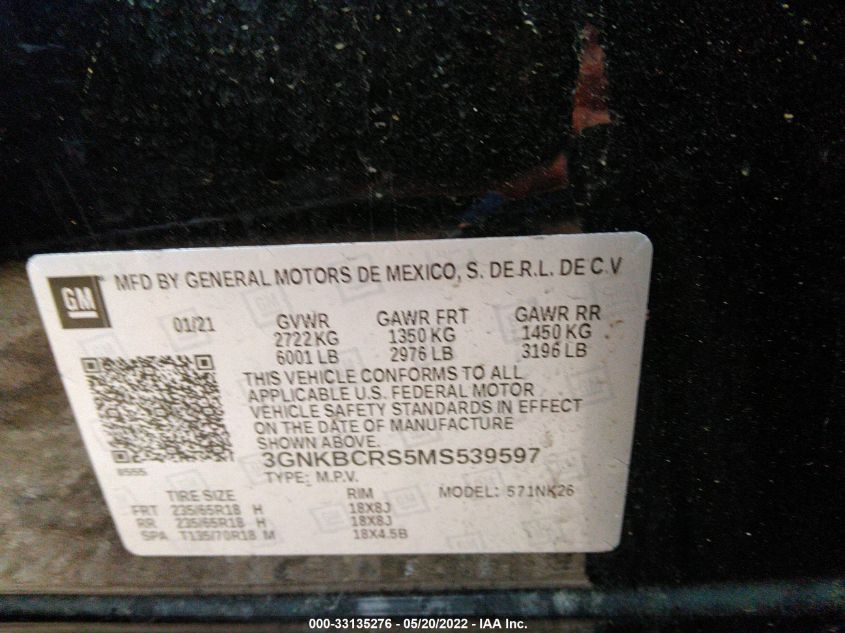 2021 CHEVROLET BLAZER LT 3GNKBCRS5MS539597