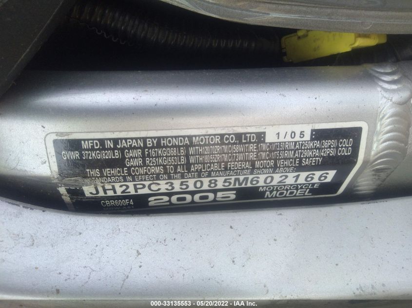 2005 HONDA CBR600 F4 JH2PC35085M602166