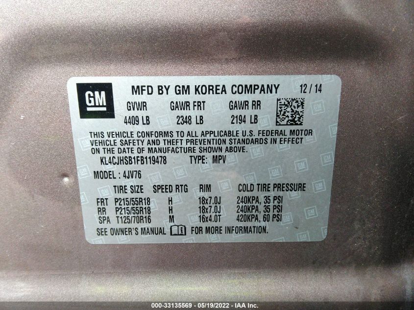 2015 BUICK ENCORE PREMIUM KL4CJHSB1FB119478