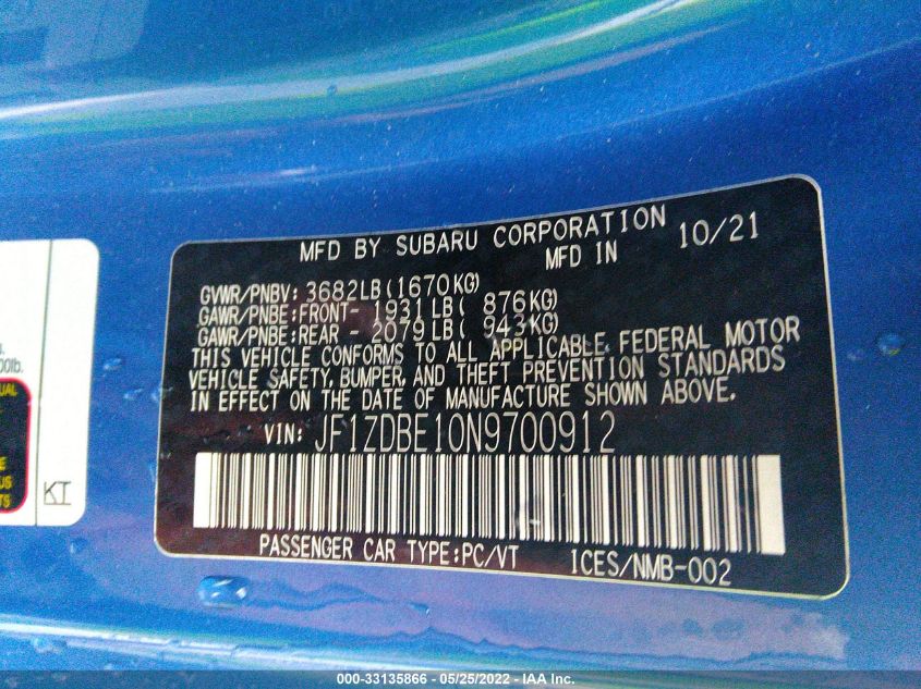 2022 SUBARU BRZ LIMITED JF1ZDBE10N9700912