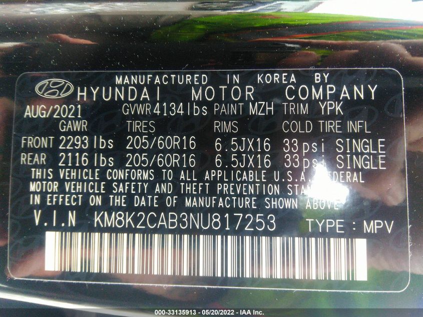 2022 HYUNDAI KONA SE KM8K2CAB3NU817253