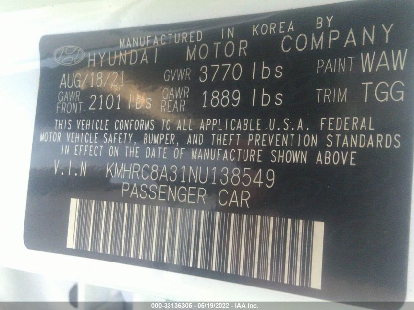 2022 HYUNDAI VENUE SEL KMHRC8A31NU138549