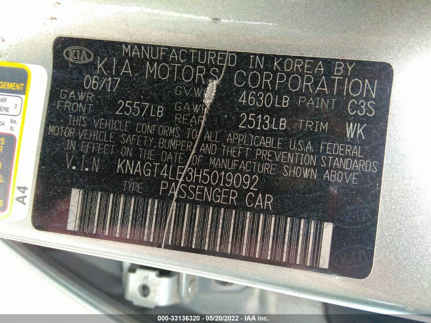 2017 KIA OPTIMA HYBRID BASE KNAGT4LE3H5019092
