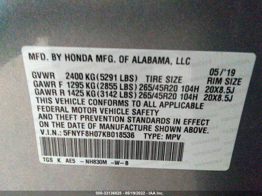 2019 HONDA PASSPORT ELITE 5FNYF8H07KB018536