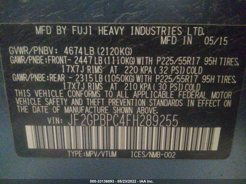 2015 SUBARU XV CROSSTREK HYBRID TOURING JF2GPBPC4FH289255