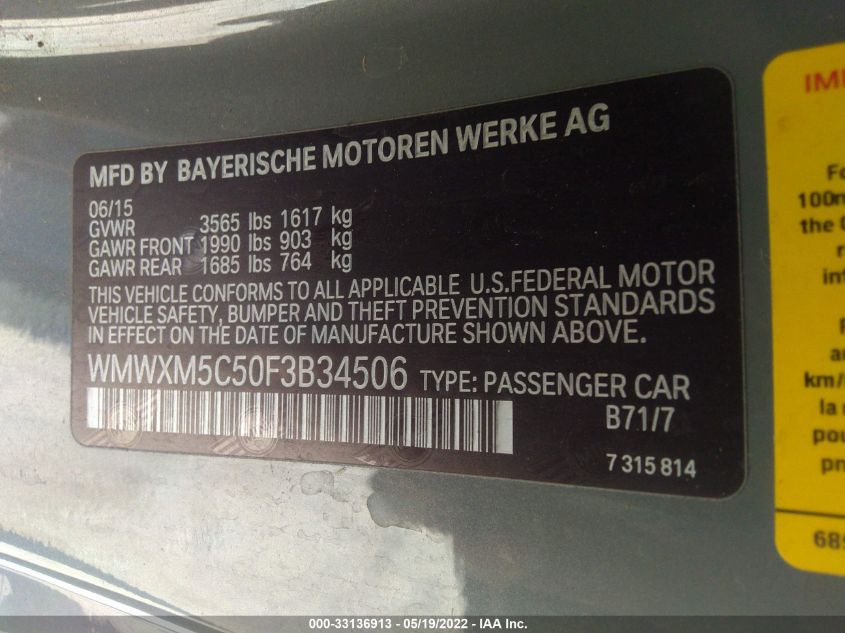 2015 MINI COOPER HARDTOP WMWXM5C50F3B34506