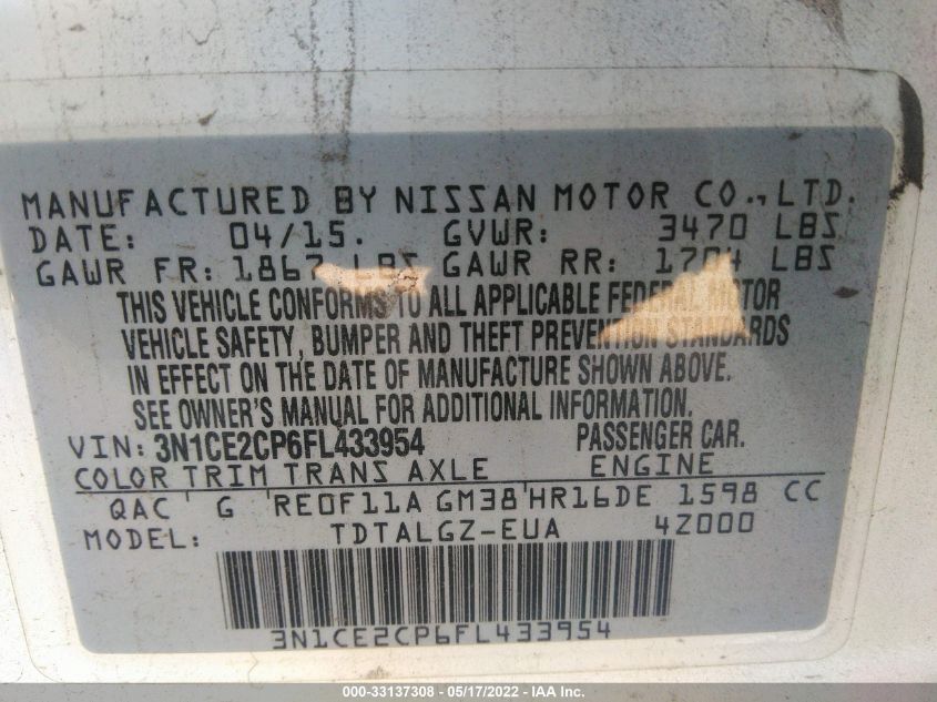 2015 NISSAN VERSA NOTE SR 3N1CE2CP6FL433954
