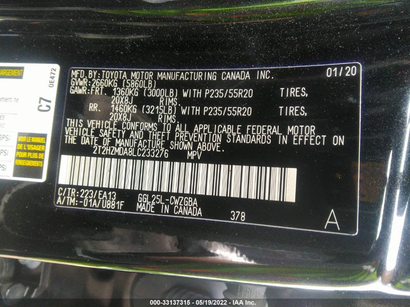 2020 LEXUS RX RX 350 2T2HZMDA8LC233276