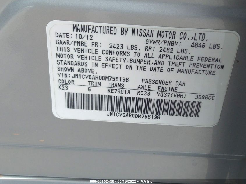 2013 INFINITI G37 SEDAN X JN1CV6AR0DM756198